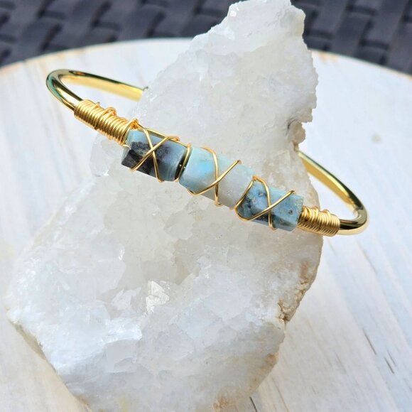 Larimar 3-Stone Wire Wrap Cuff โ 14Kt Gold Over Copper โ Ocean Calm Talisman - Picture 10 of 13